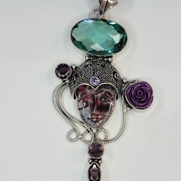 Sterling Silver Pendant with Red Carved Face, Green Gemstone, and Purple Rose - Picture 12 of 12